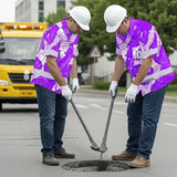 Hi Vis Team Hawaiian Shirt Reflective Tapes Violet White Leaf Custom Name And Number Safety Workwear For Baseball Team Workers, Truckers, Operators