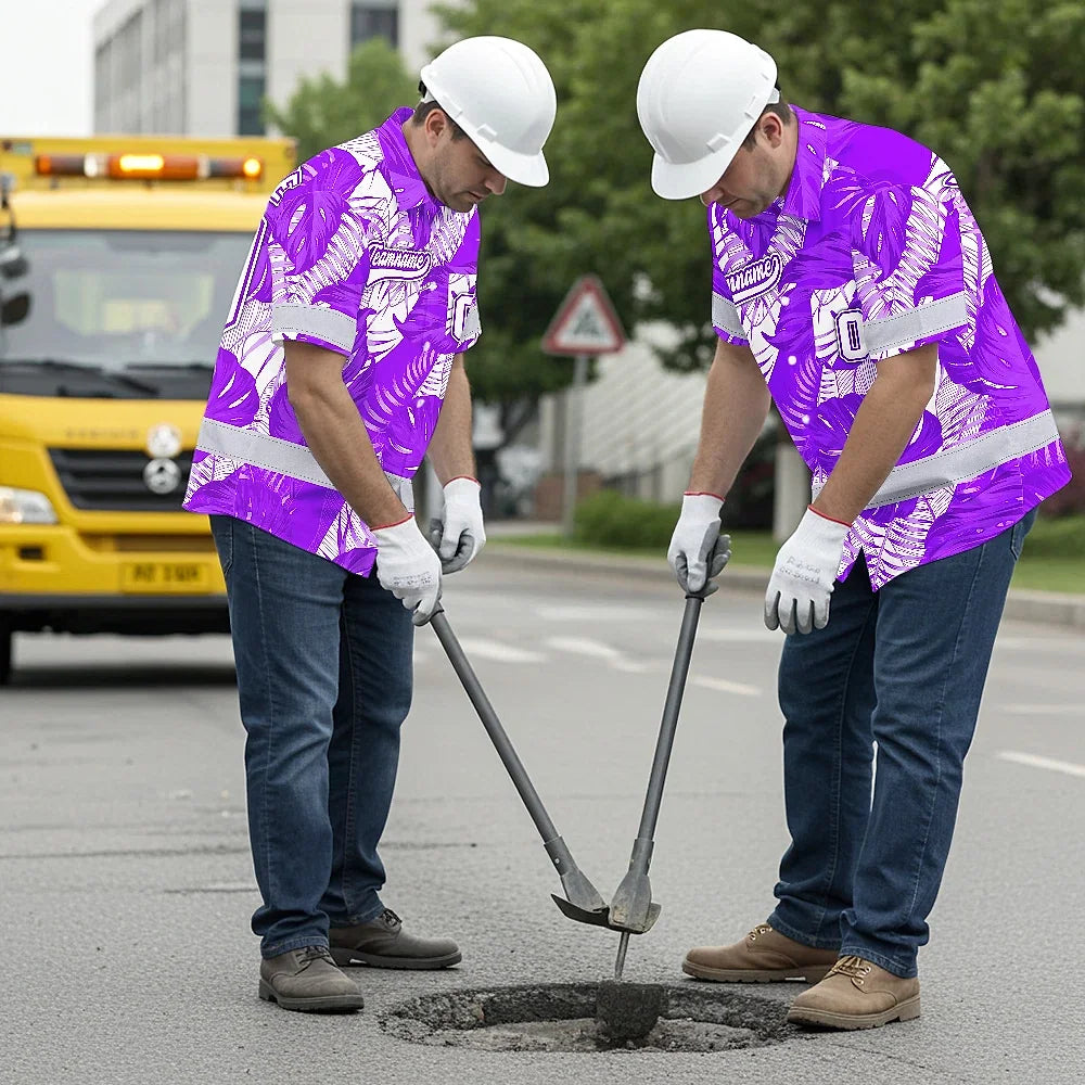 Hi Vis Team Hawaiian Shirt Reflective Tapes Violet White Leaf Custom Name And Number Safety Workwear For Baseball Team Workers, Truckers, Operators