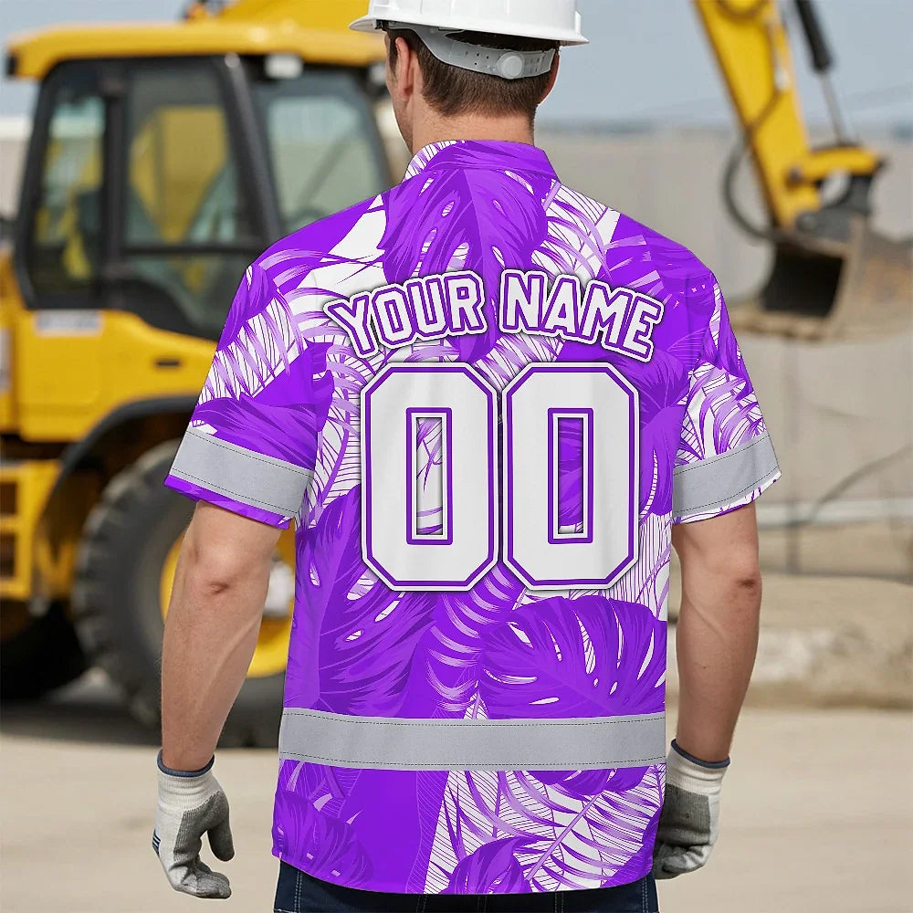 Hi Vis Team Hawaiian Shirt Reflective Tapes Violet White Leaf Custom Name And Number Safety Workwear For Baseball Team Workers, Truckers, Operators