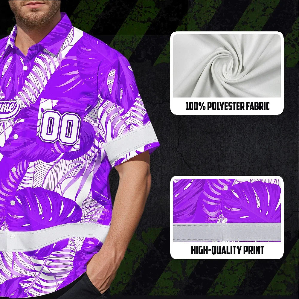 Hi Vis Team Hawaiian Shirt Reflective Tapes Violet White Leaf Custom Name And Number Safety Workwear For Baseball Team Workers, Truckers, Operators