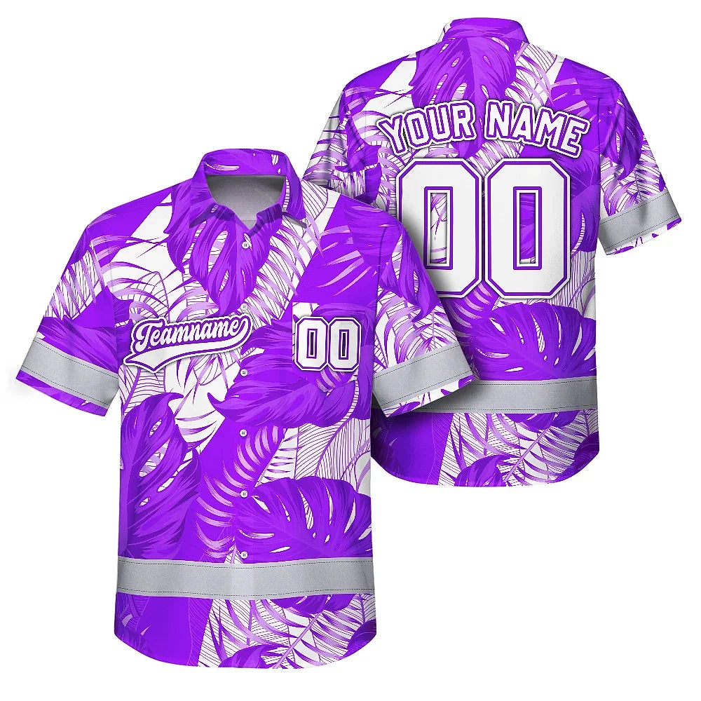 Hi Vis Team Hawaiian Shirt Reflective Tapes Violet White Leaf Custom Name And Number Safety Workwear For Baseball Team Workers, Truckers, Operators
