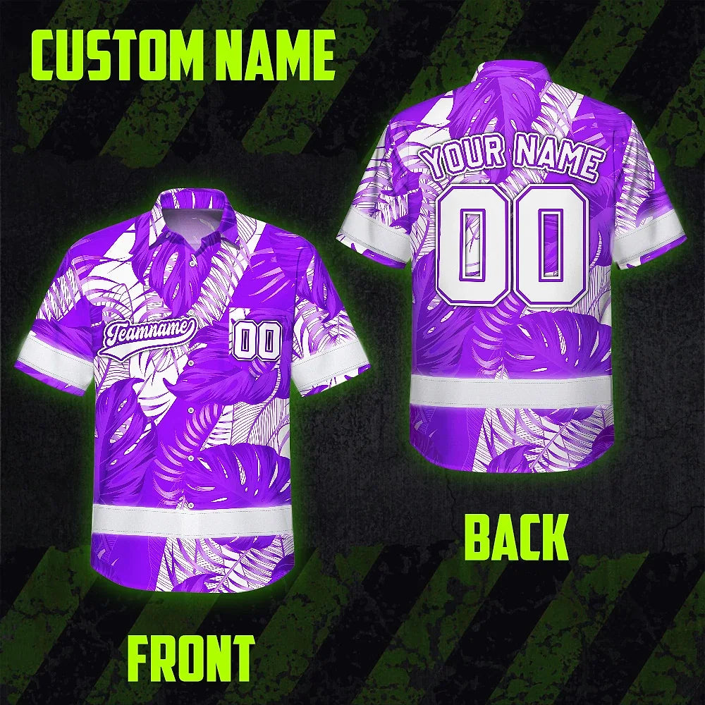 Hi Vis Team Hawaiian Shirt Reflective Tapes Violet White Leaf Custom Name And Number Safety Workwear For Baseball Team Workers, Truckers, Operators