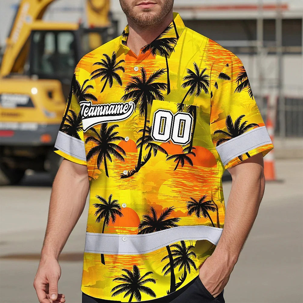 Hi Vis Team Hawaiian Shirt Reflective Tapes Yellow Coconut Custom Name And Number Safety Workwear For Workers, Truckers, Operators