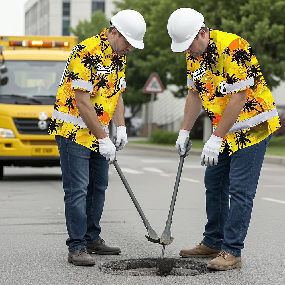 Hi Vis Team Hawaiian Shirt Reflective Tapes Yellow Coconut Custom Name And Number Safety Workwear For Workers, Truckers, Operators