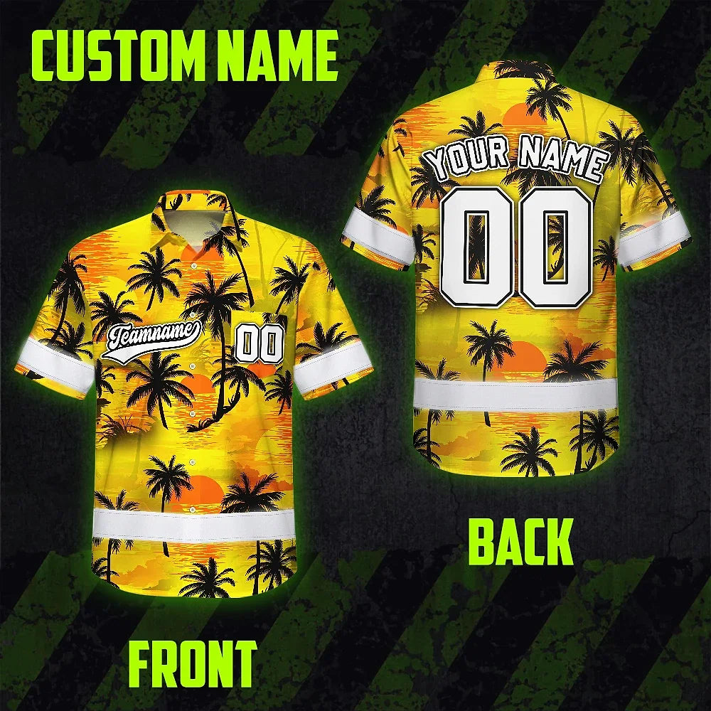 Hi Vis Team Hawaiian Shirt Reflective Tapes Yellow Coconut Custom Name And Number Safety Workwear For Workers, Truckers, Operators