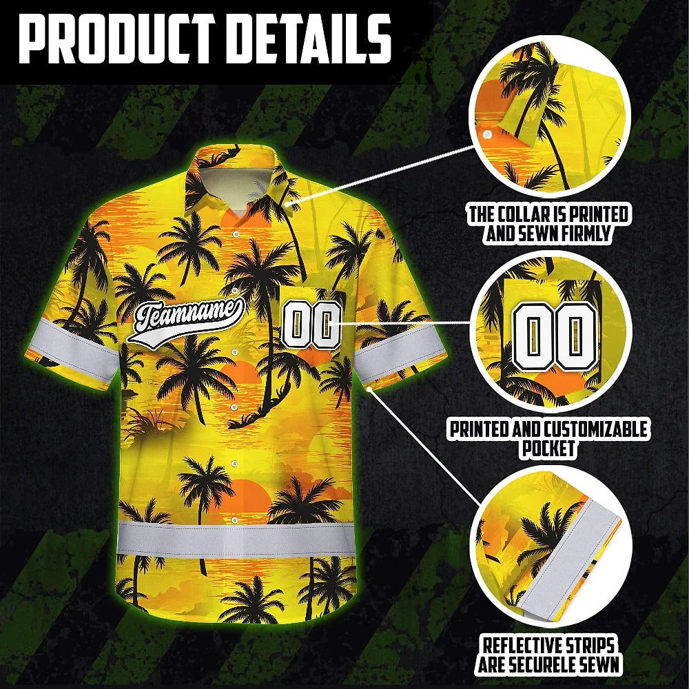 Hi Vis Team Hawaiian Shirt Reflective Tapes Yellow Coconut Custom Name And Number Safety Workwear For Workers, Truckers, Operators