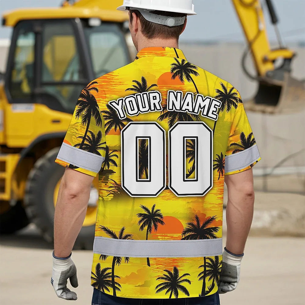 Hi Vis Team Hawaiian Shirt Reflective Tapes Yellow Coconut Custom Name And Number Safety Workwear For Workers, Truckers, Operators