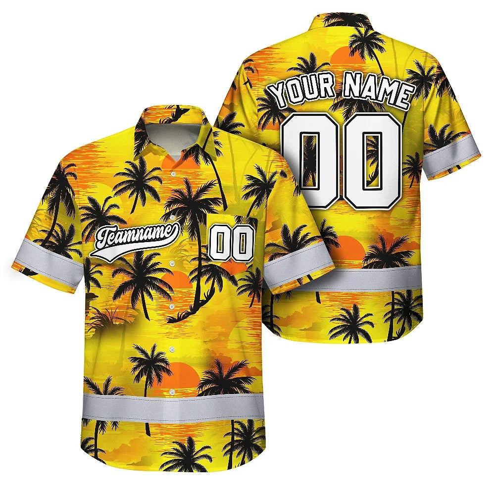 Hi Vis Team Hawaiian Shirt Reflective Tapes Yellow Coconut Custom Name And Number Safety Workwear For Workers, Truckers, Operators