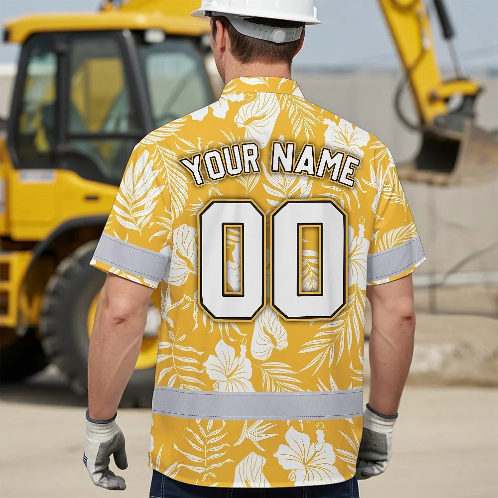 Hi Vis Team Hawaiian Shirt Reflective Tapes Yellow Flower Custom Name And Number Safety Workwear For Baseball Team, Workers, Truckers, Operators