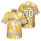 Hi Vis Team Hawaiian Shirt Reflective Tapes Yellow Flower Custom Name And Number Safety Workwear For Baseball Team, Workers, Truckers, Operators