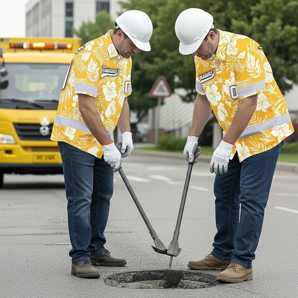 Hi Vis Team Hawaiian Shirt Reflective Tapes Yellow Flower Custom Name And Number Safety Workwear For Baseball Team, Workers, Truckers, Operators