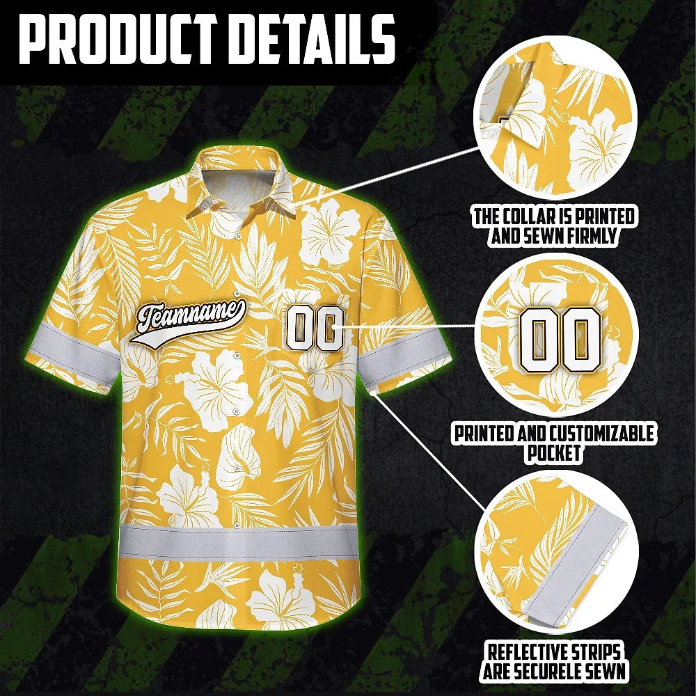 Hi Vis Team Hawaiian Shirt Reflective Tapes Yellow Flower Custom Name And Number Safety Workwear For Baseball Team, Workers, Truckers, Operators