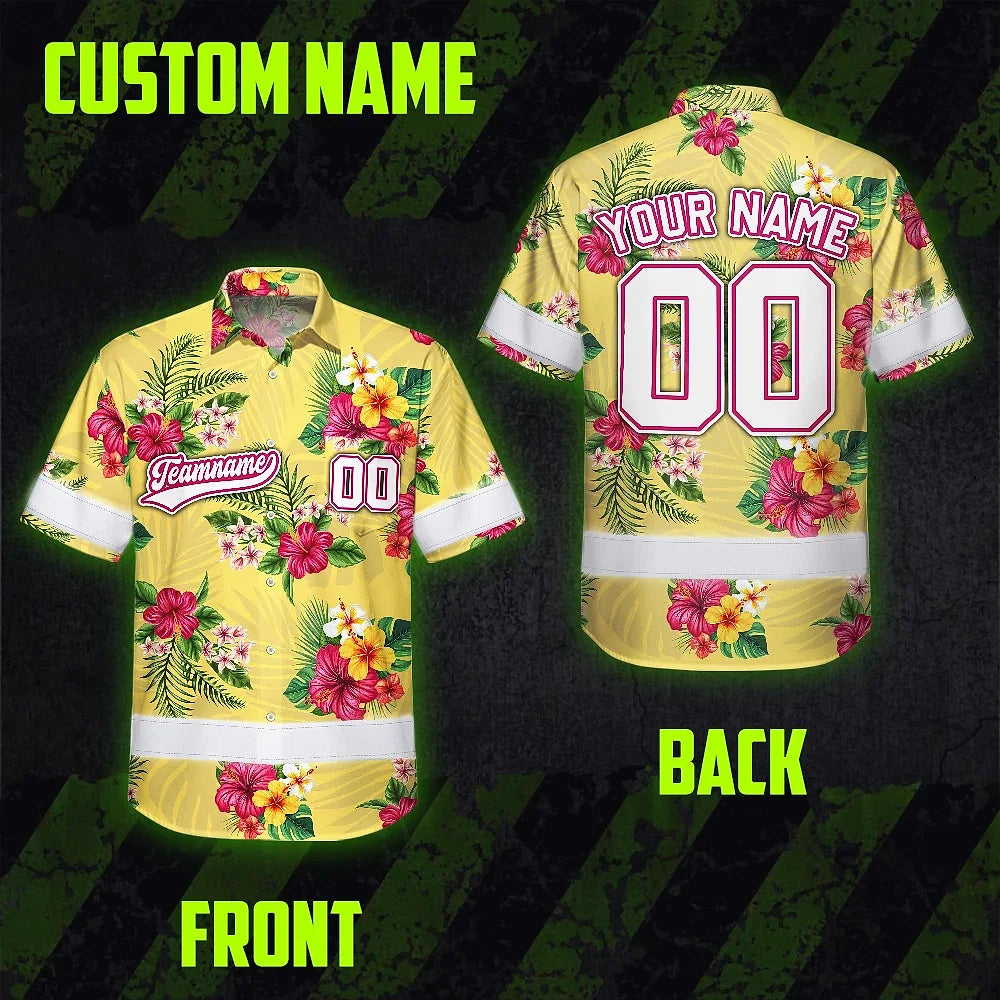 Hi Vis Team Hawaiian Shirt Reflective Tapes Yellow Pink Flower Custom Name And Number Safety Workwear For Baseball Team Workers, Truckers, Operators