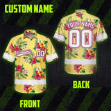 Hi Vis Team Hawaiian Shirt Reflective Tapes Yellow Pink Flower Custom Name And Number Safety Workwear For Baseball Team Workers, Truckers, Operators