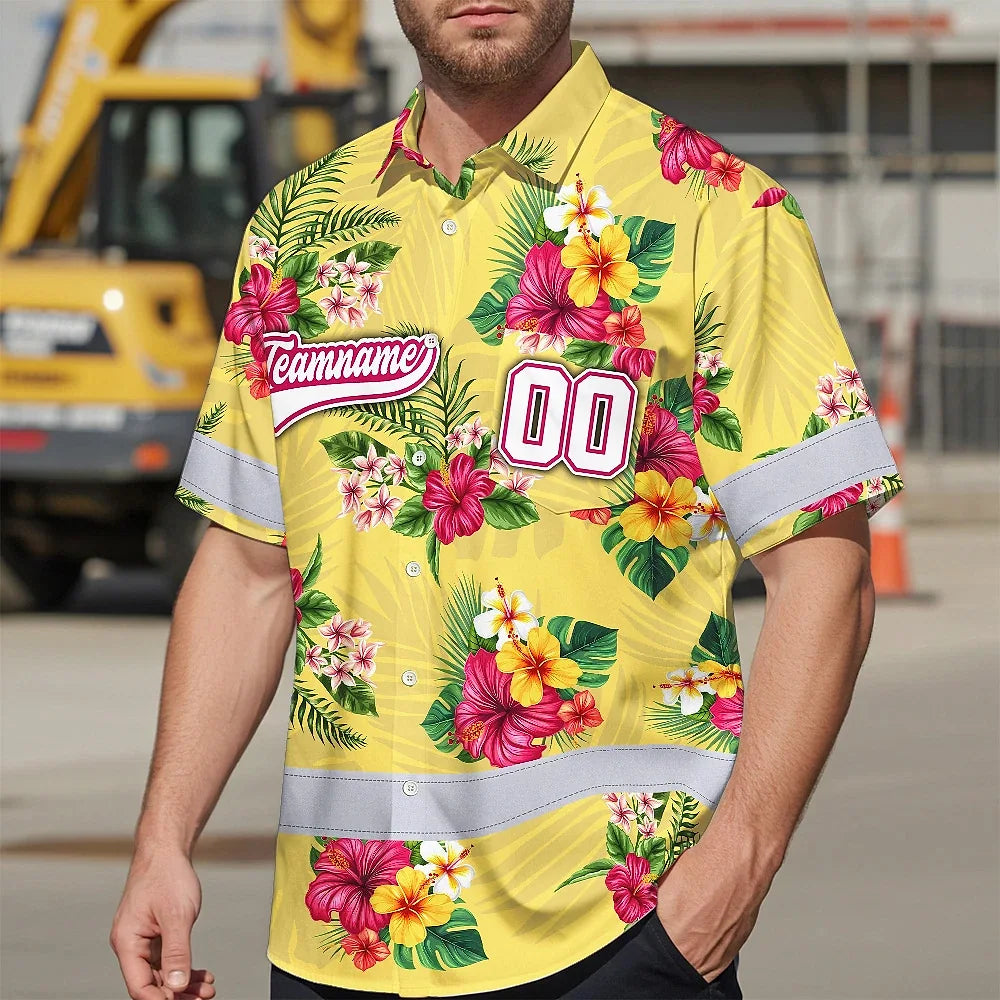 Hi Vis Team Hawaiian Shirt Reflective Tapes Yellow Pink Flower Custom Name And Number Safety Workwear For Baseball Team Workers, Truckers, Operators