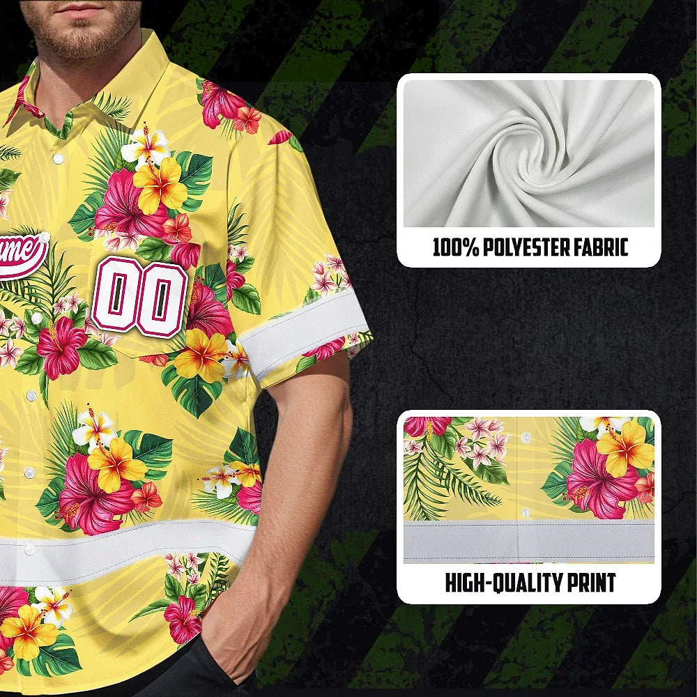 Hi Vis Team Hawaiian Shirt Reflective Tapes Yellow Pink Flower Custom Name And Number Safety Workwear For Baseball Team Workers, Truckers, Operators
