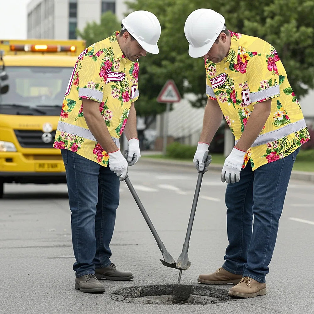 Hi Vis Team Hawaiian Shirt Reflective Tapes Yellow Pink Flower Custom Name And Number Safety Workwear For Baseball Team Workers, Truckers, Operators