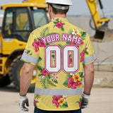 Hi Vis Team Hawaiian Shirt Reflective Tapes Yellow Pink Flower Custom Name And Number Safety Workwear For Baseball Team Workers, Truckers, Operators