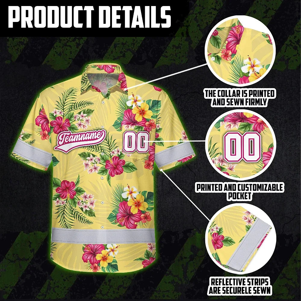 Hi Vis Team Hawaiian Shirt Reflective Tapes Yellow Pink Flower Custom Name And Number Safety Workwear For Baseball Team Workers, Truckers, Operators