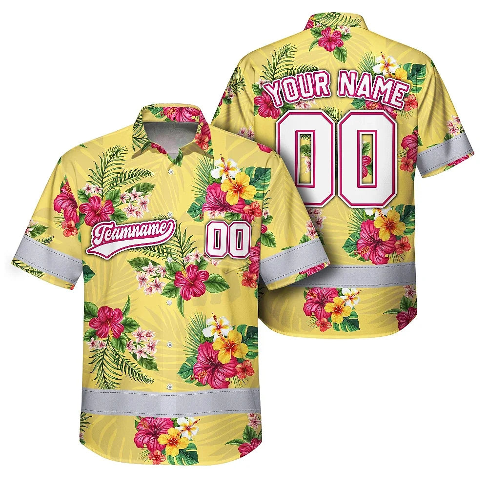 Hi Vis Team Hawaiian Shirt Reflective Tapes Yellow Pink Flower Custom Name And Number Safety Workwear For Baseball Team Workers, Truckers, Operators