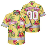 Hi Vis Team Hawaiian Shirt Reflective Tapes Yellow Pink Flower Custom Name And Number Safety Workwear For Baseball Team Workers, Truckers, Operators