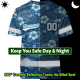 Hi Vis Team T Shirt Reflective Tapes Blue Flower Custom Name And Number Safety Workwear For Baseball Team Workers, Truckers, Operators