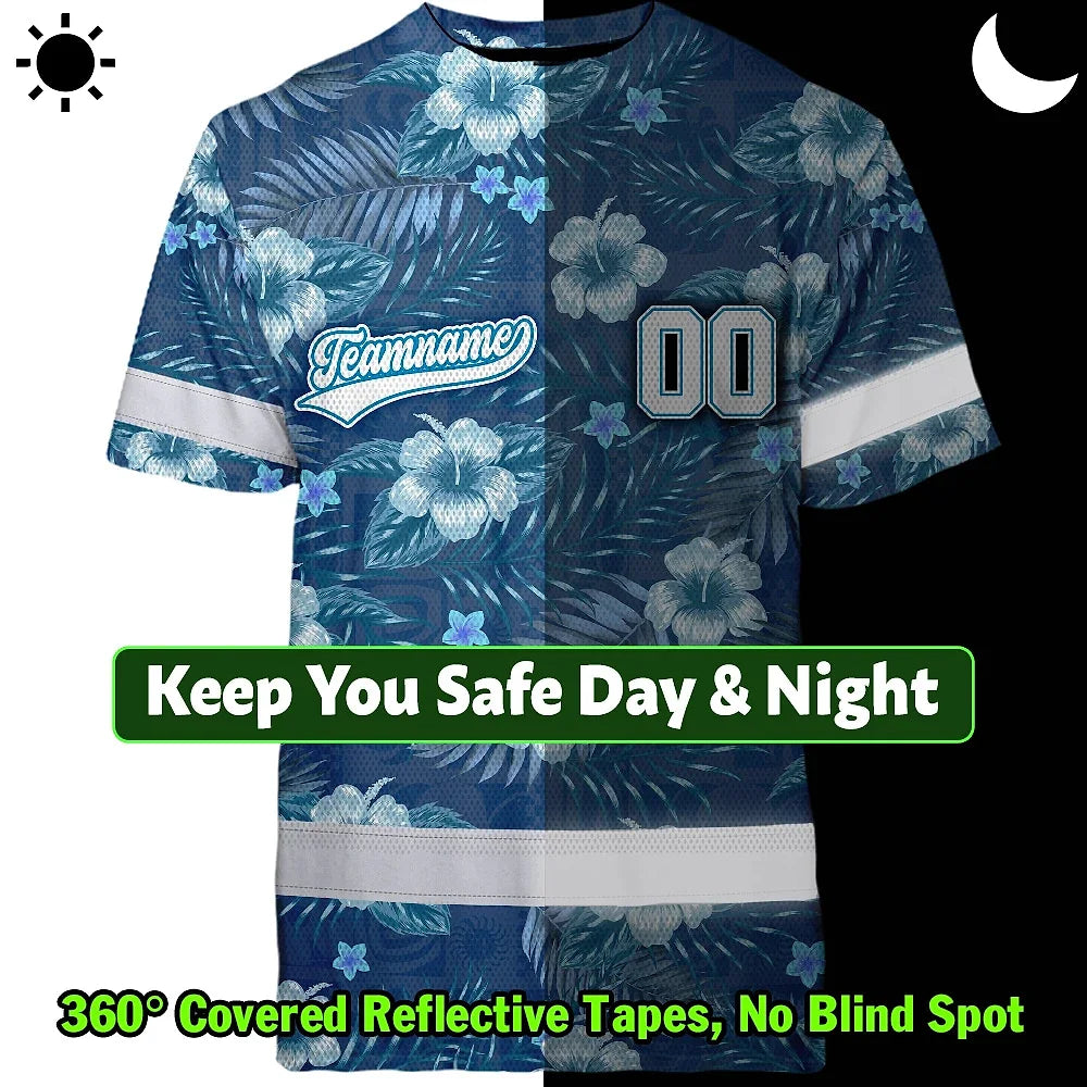 Hi Vis Team T Shirt Reflective Tapes Blue Flower Custom Name And Number Safety Workwear For Baseball Team Workers, Truckers, Operators