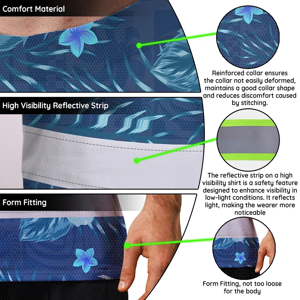 Hi Vis Team T Shirt Reflective Tapes Blue Flower Custom Name And Number Safety Workwear For Baseball Team Workers, Truckers, Operators