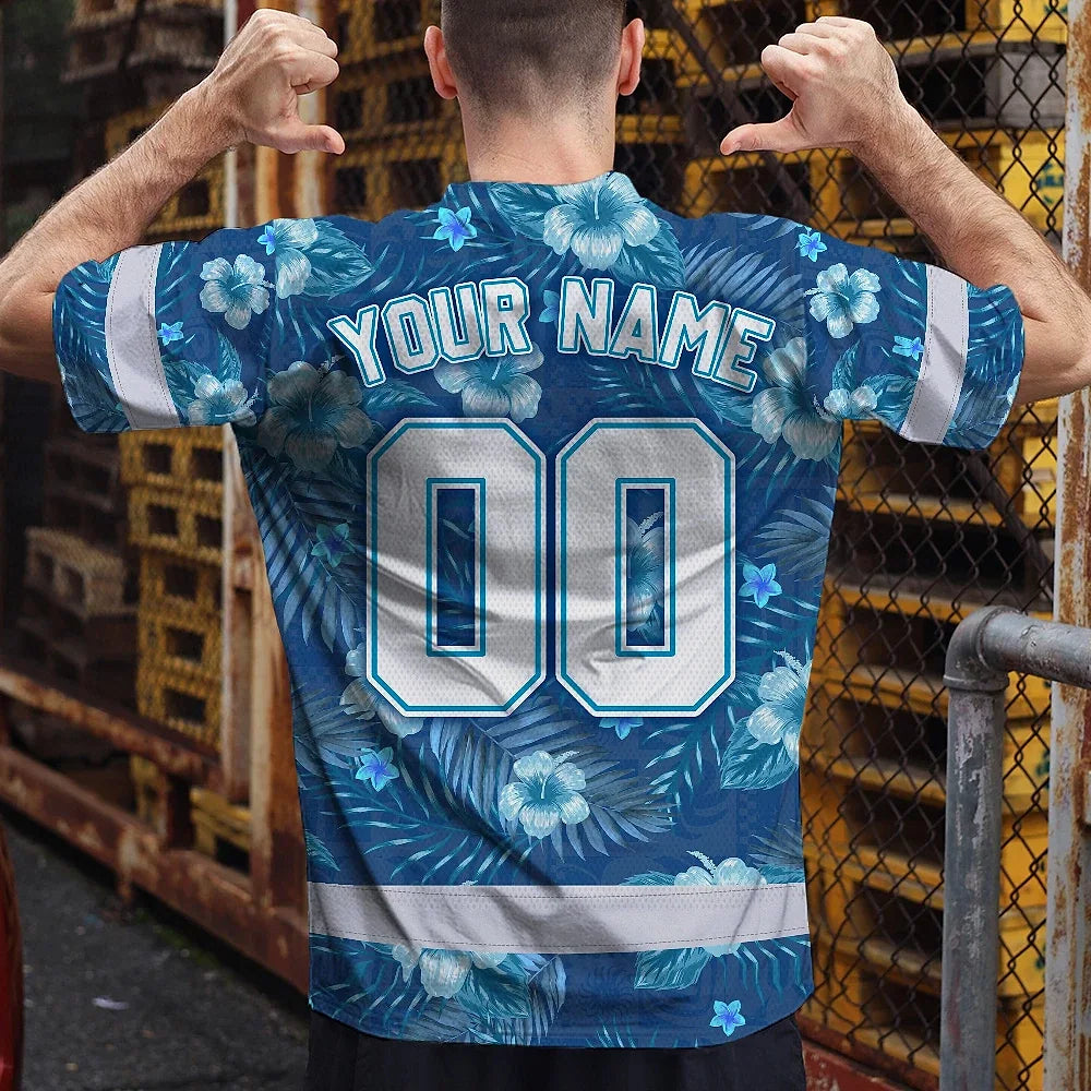 Hi Vis Team T Shirt Reflective Tapes Blue Flower Custom Name And Number Safety Workwear For Baseball Team Workers, Truckers, Operators