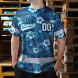 Hi Vis Team T Shirt Reflective Tapes Blue Flower Custom Name And Number Safety Workwear For Baseball Team Workers, Truckers, Operators
