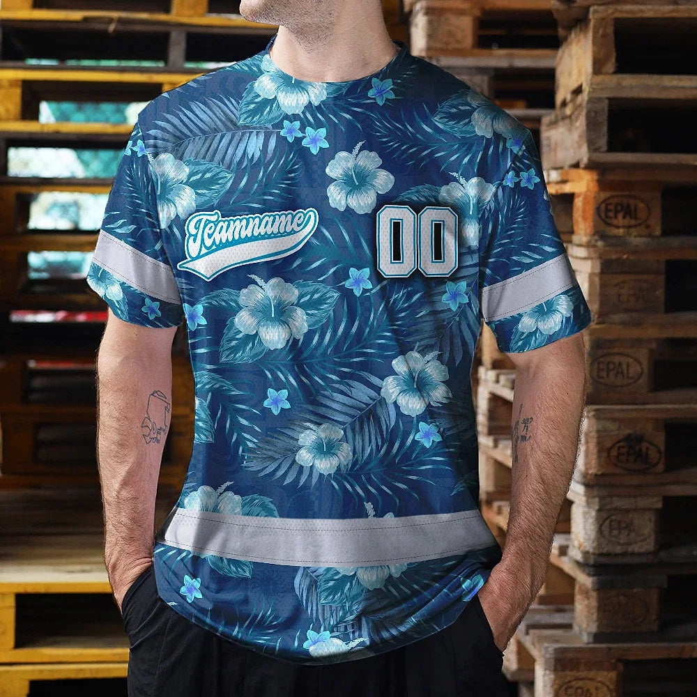 Hi Vis Team T Shirt Reflective Tapes Blue Flower Custom Name And Number Safety Workwear For Baseball Team Workers, Truckers, Operators