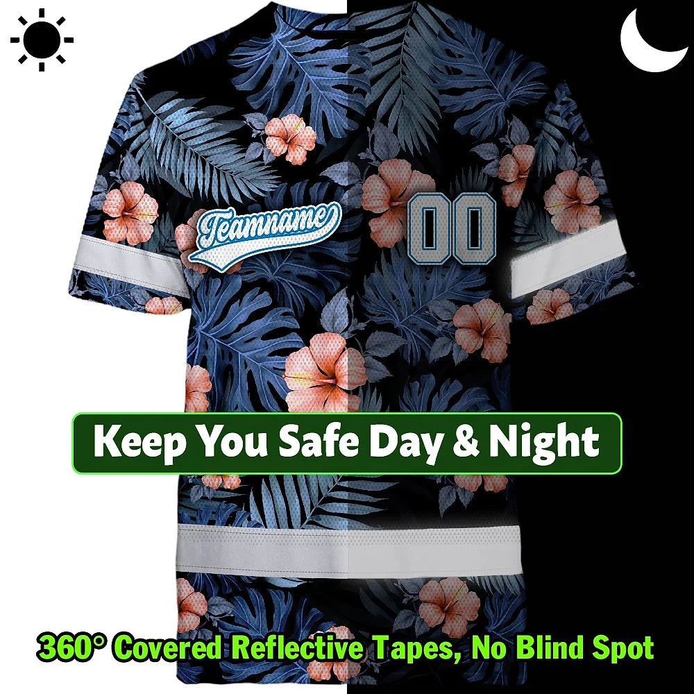 Hi Vis Team T Shirt Reflective Tapes Blue Pink Flower Custom Name And Number Safety Workwear For Baseball Team Workers, Truckers, Operators
