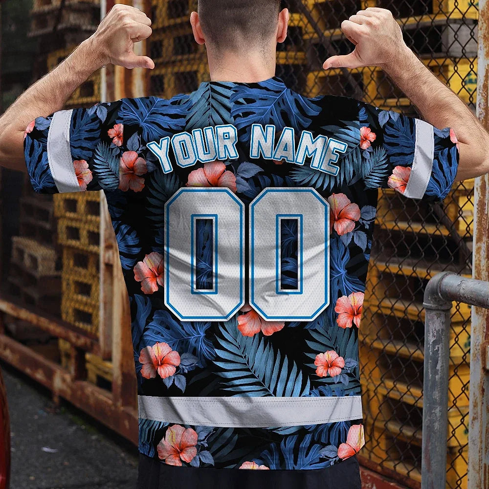 Hi Vis Team T Shirt Reflective Tapes Blue Pink Flower Custom Name And Number Safety Workwear For Baseball Team Workers, Truckers, Operators