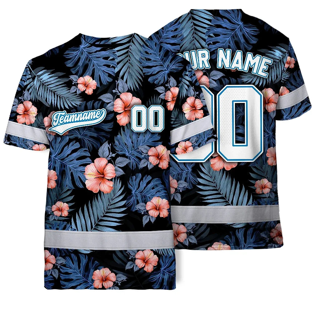 Hi Vis Team T Shirt Reflective Tapes Blue Pink Flower Custom Name And Number Safety Workwear For Baseball Team Workers, Truckers, Operators