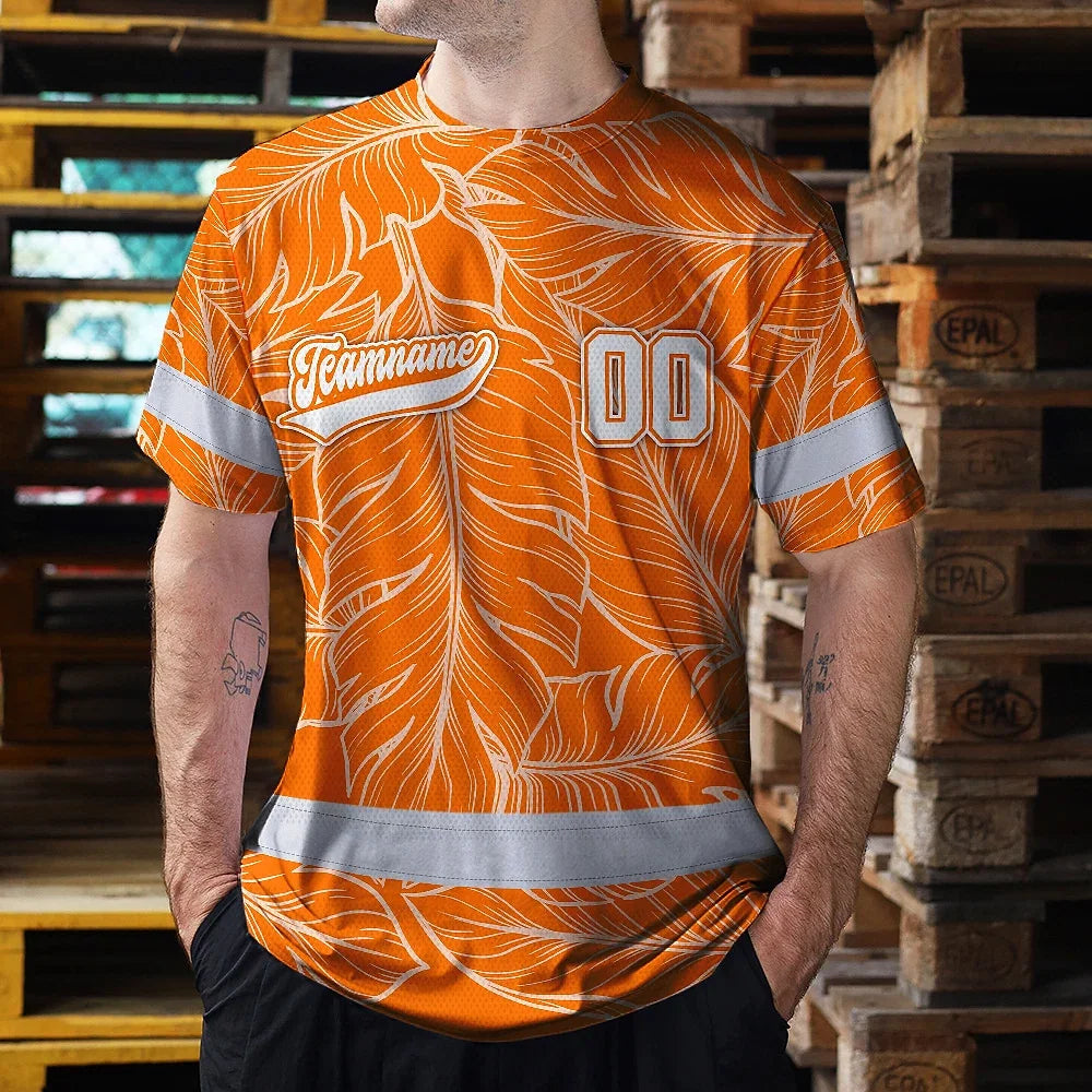 Hi Vis Team T Shirt Reflective Tapes Orange Leaf Custom Name And Number Safety Workwear For Baseball Team Workers, Truckers, Operators