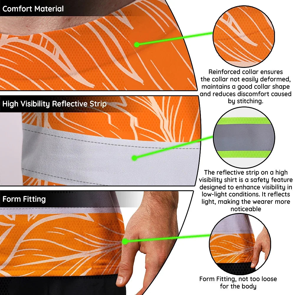 Hi Vis Team T Shirt Reflective Tapes Orange Leaf Custom Name And Number Safety Workwear For Baseball Team Workers, Truckers, Operators