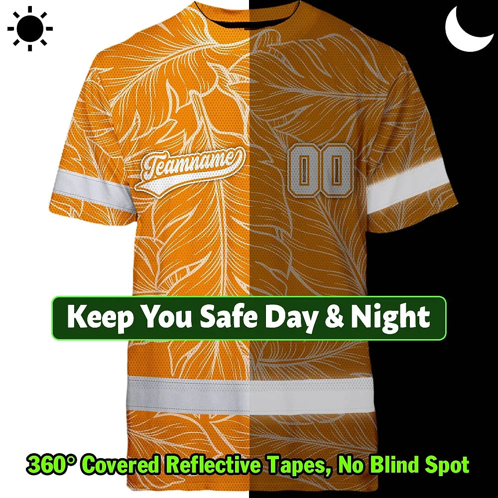 Hi Vis Team T Shirt Reflective Tapes Orange Leaf Custom Name And Number Safety Workwear For Baseball Team Workers, Truckers, Operators
