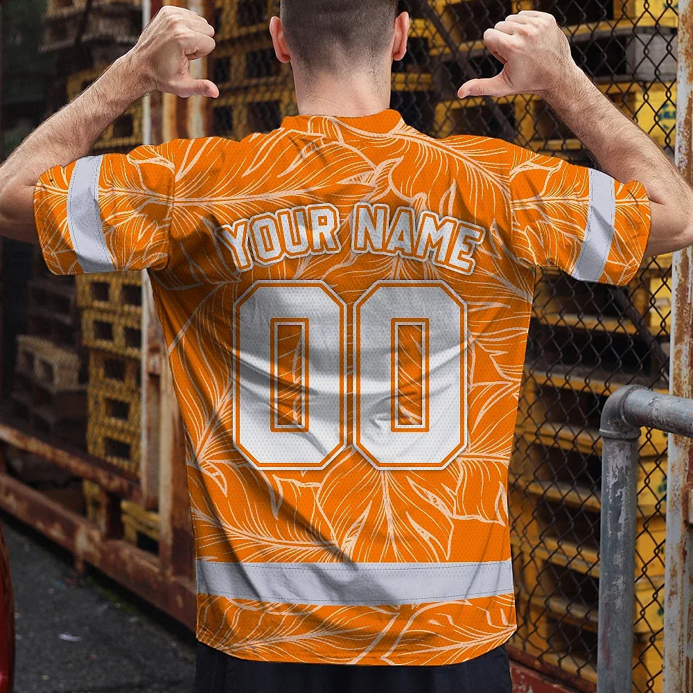 Hi Vis Team T Shirt Reflective Tapes Orange Leaf Custom Name And Number Safety Workwear For Baseball Team Workers, Truckers, Operators