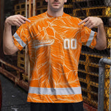 Hi Vis Team T Shirt Reflective Tapes Orange Leaf Custom Name And Number Safety Workwear For Baseball Team Workers, Truckers, Operators