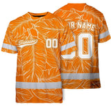 Hi Vis Team T Shirt Reflective Tapes Orange Leaf Custom Name And Number Safety Workwear For Baseball Team Workers, Truckers, Operators