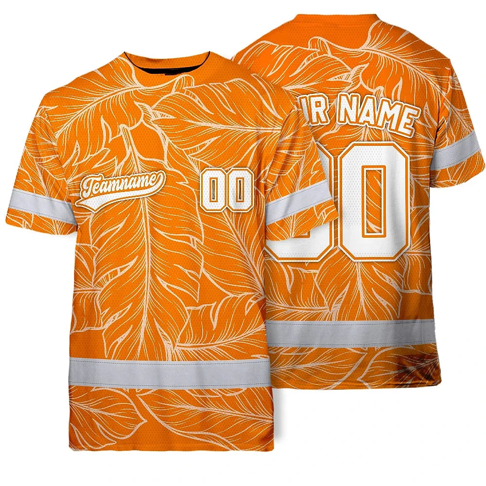 Hi Vis Team T Shirt Reflective Tapes Orange Leaf Custom Name And Number Safety Workwear For Baseball Team Workers, Truckers, Operators