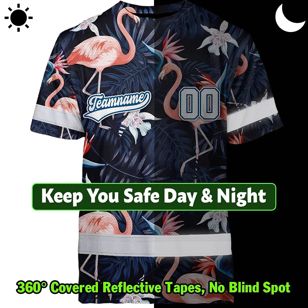 Hi Vis Team T Shirt Reflective Tapes Pink Flamingo Custom Name And Number Safety Workwear For Baseball Team Workers, Truckers, Operators