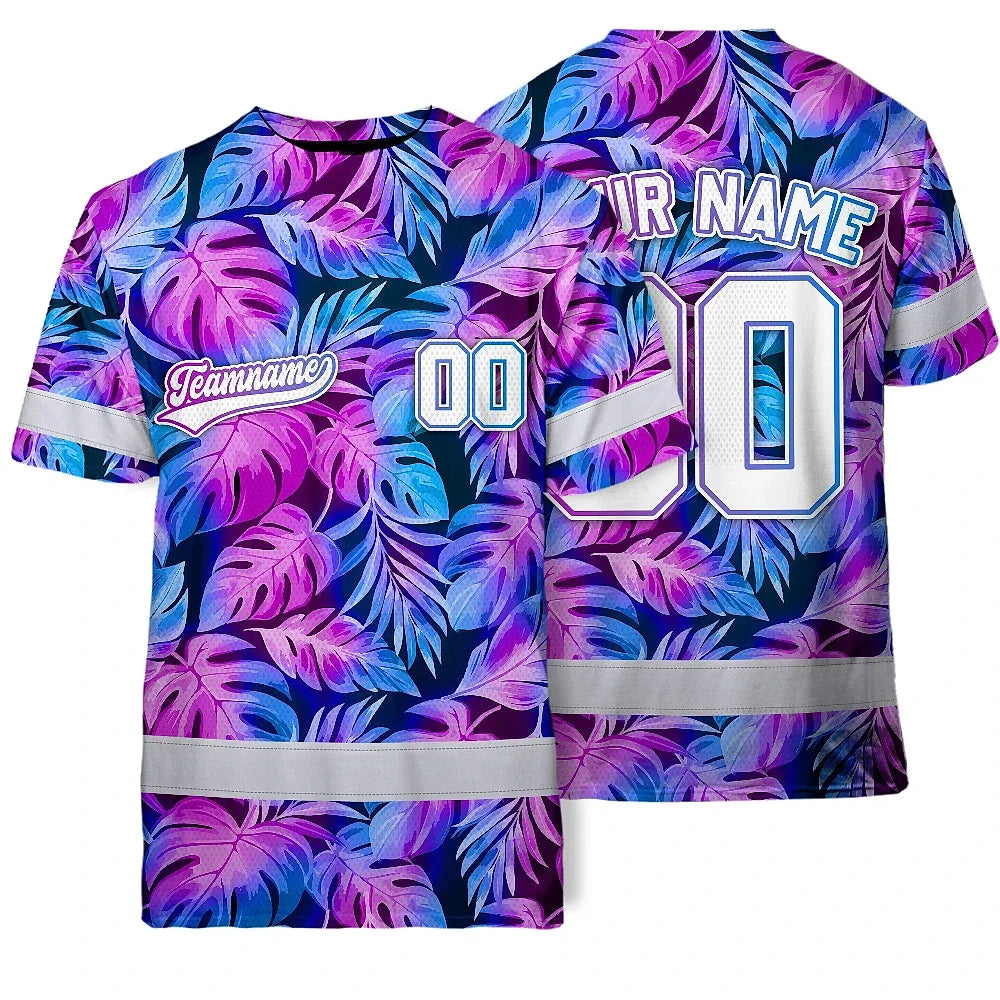 Hi Vis Team T Shirt Reflective Tapes Pink Violet Custom Name And Number Safety Workwear For Baseball Team Workers, Truckers, Operators