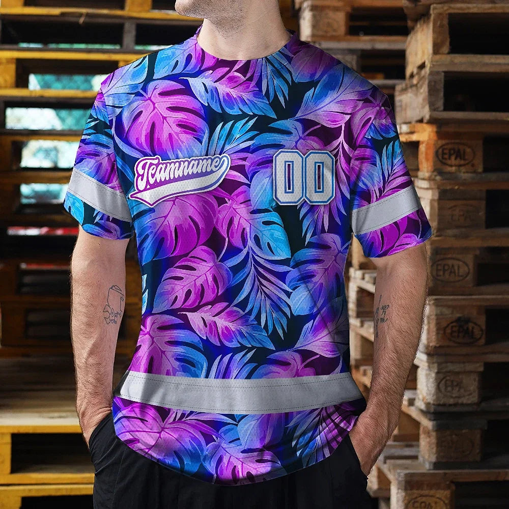 Hi Vis Team T Shirt Reflective Tapes Pink Violet Custom Name And Number Safety Workwear For Baseball Team Workers, Truckers, Operators