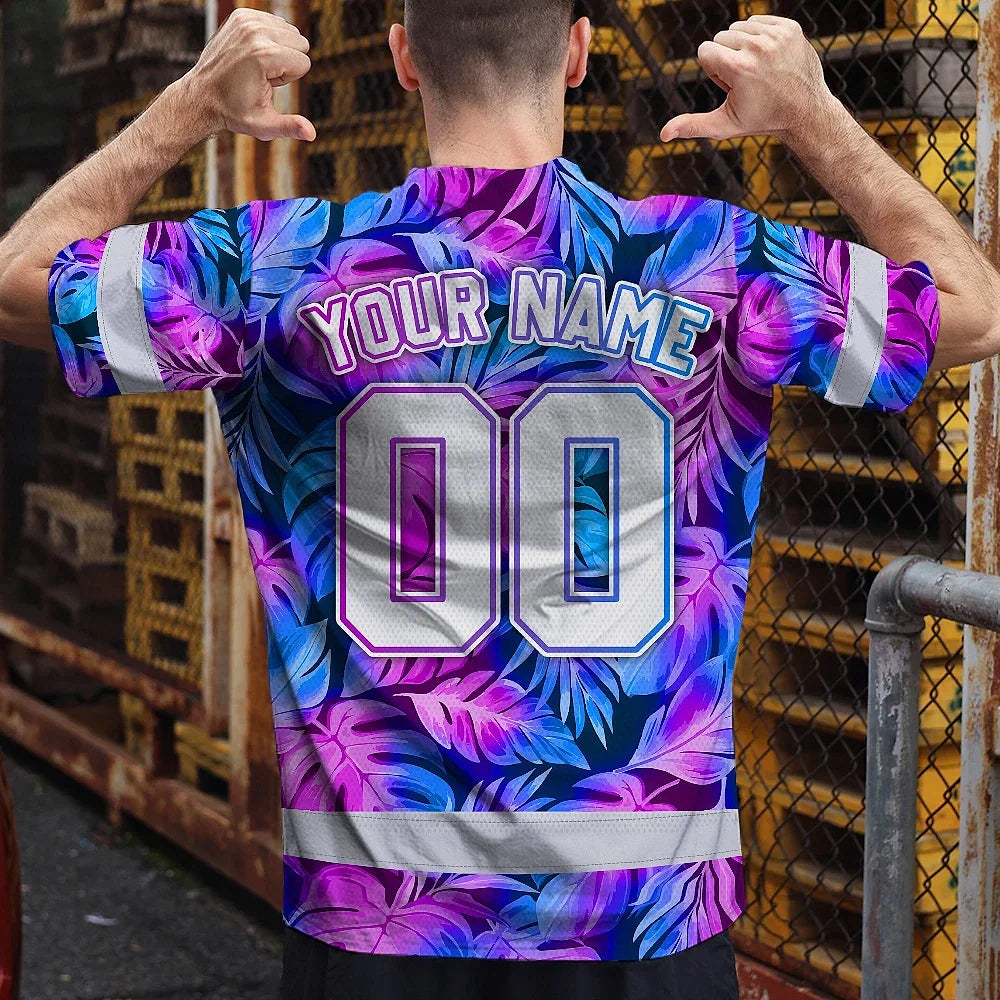 Hi Vis Team T Shirt Reflective Tapes Pink Violet Custom Name And Number Safety Workwear For Baseball Team Workers, Truckers, Operators