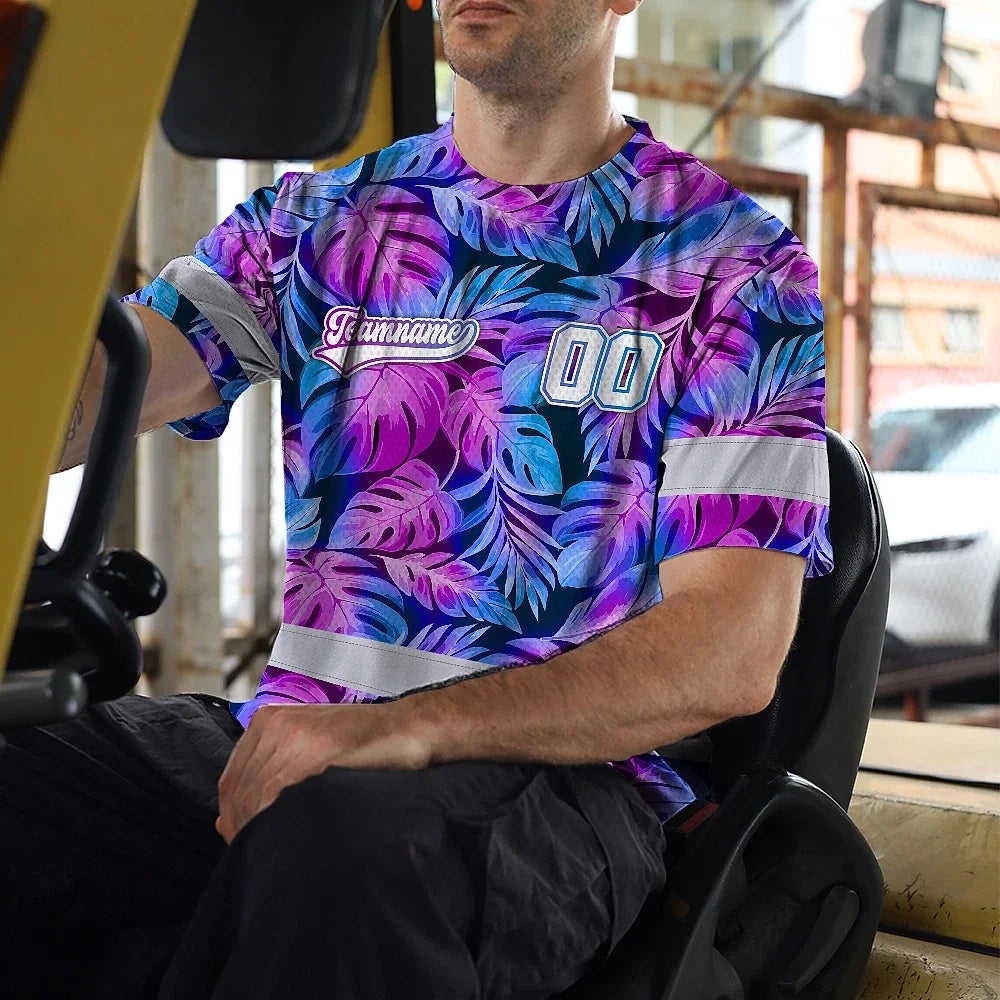 Hi Vis Team T Shirt Reflective Tapes Pink Violet Custom Name And Number Safety Workwear For Baseball Team Workers, Truckers, Operators