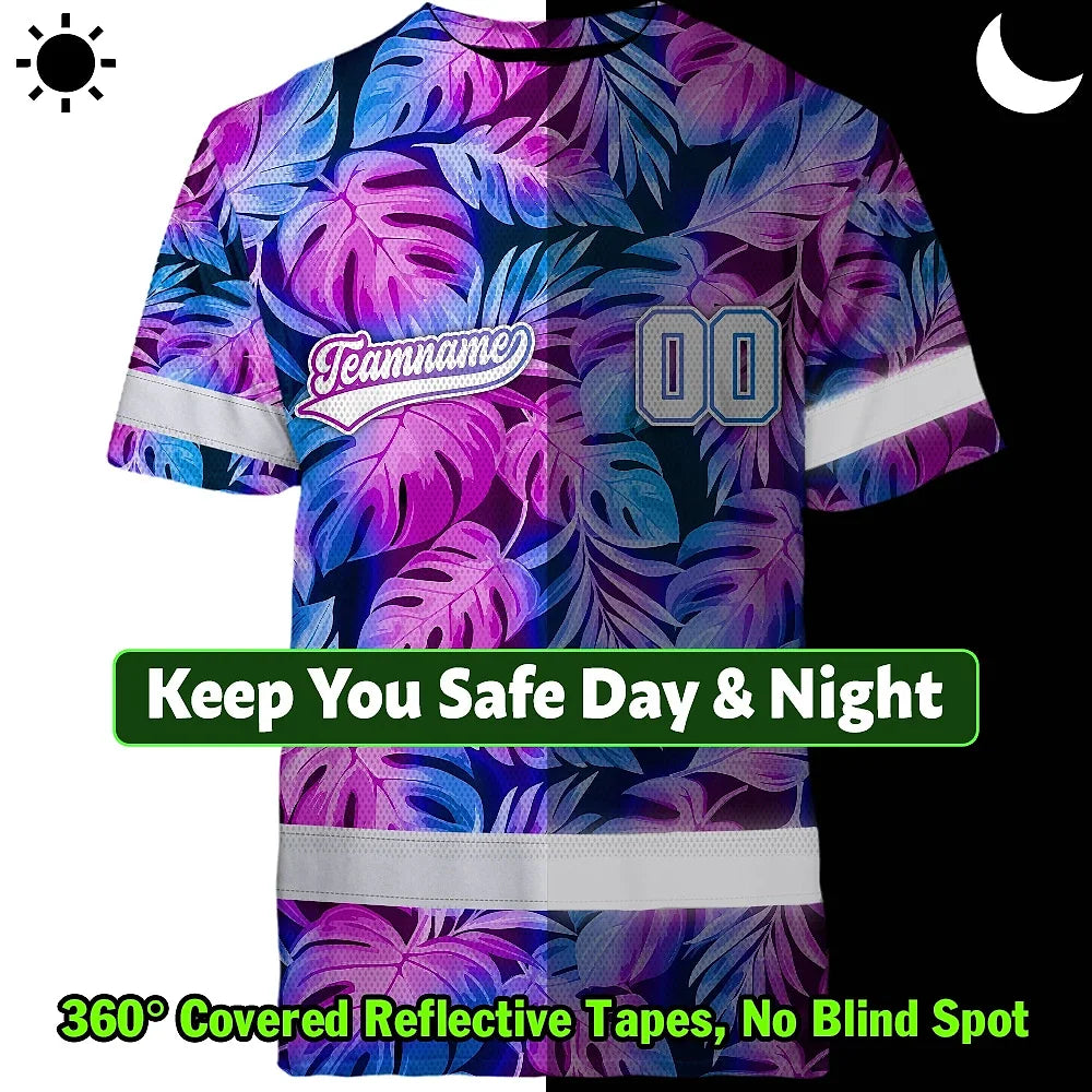 Hi Vis Team T Shirt Reflective Tapes Pink Violet Custom Name And Number Safety Workwear For Baseball Team Workers, Truckers, Operators
