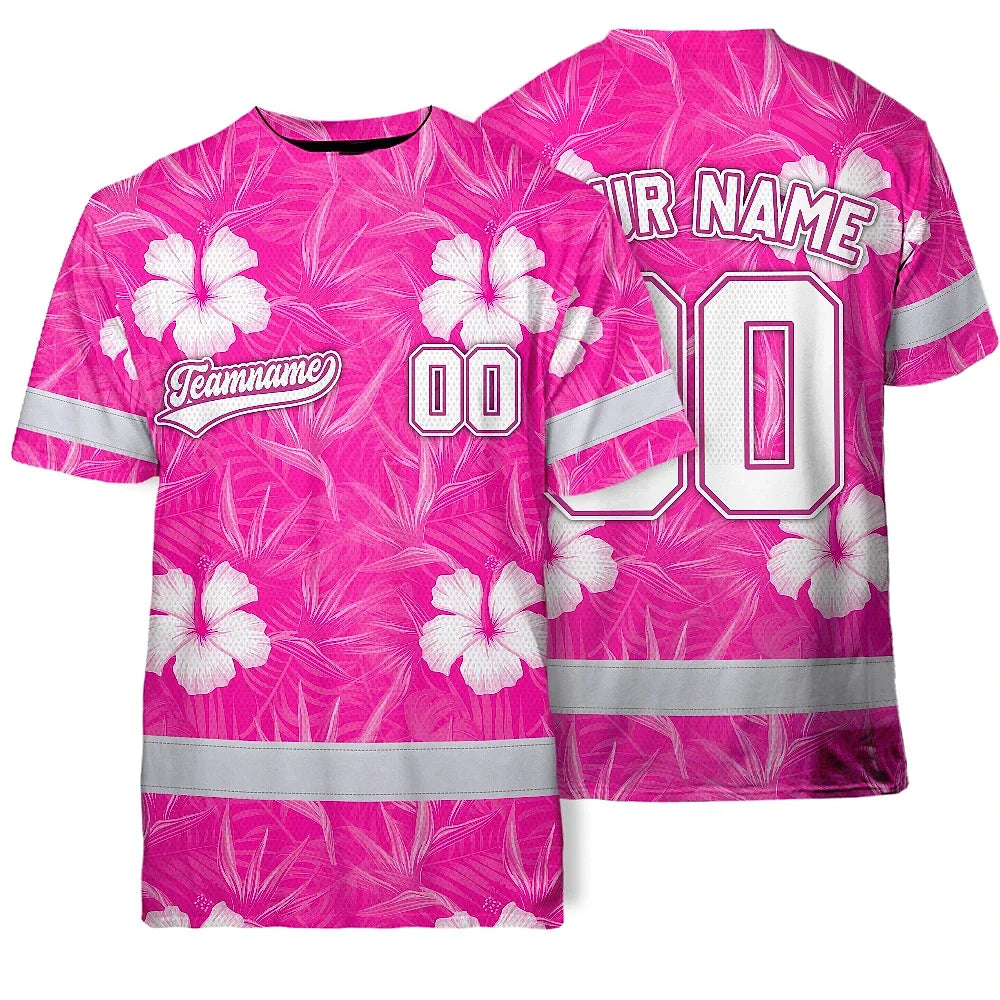 Hi Vis Team T Shirt Reflective Tapes Pink White Flower Custom Name And Number Safety Workwear For Baseball Team Workers, Truckers, Operators