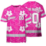 Hi Vis Team T Shirt Reflective Tapes Pink White Flower Custom Name And Number Safety Workwear For Baseball Team Workers, Truckers, Operators