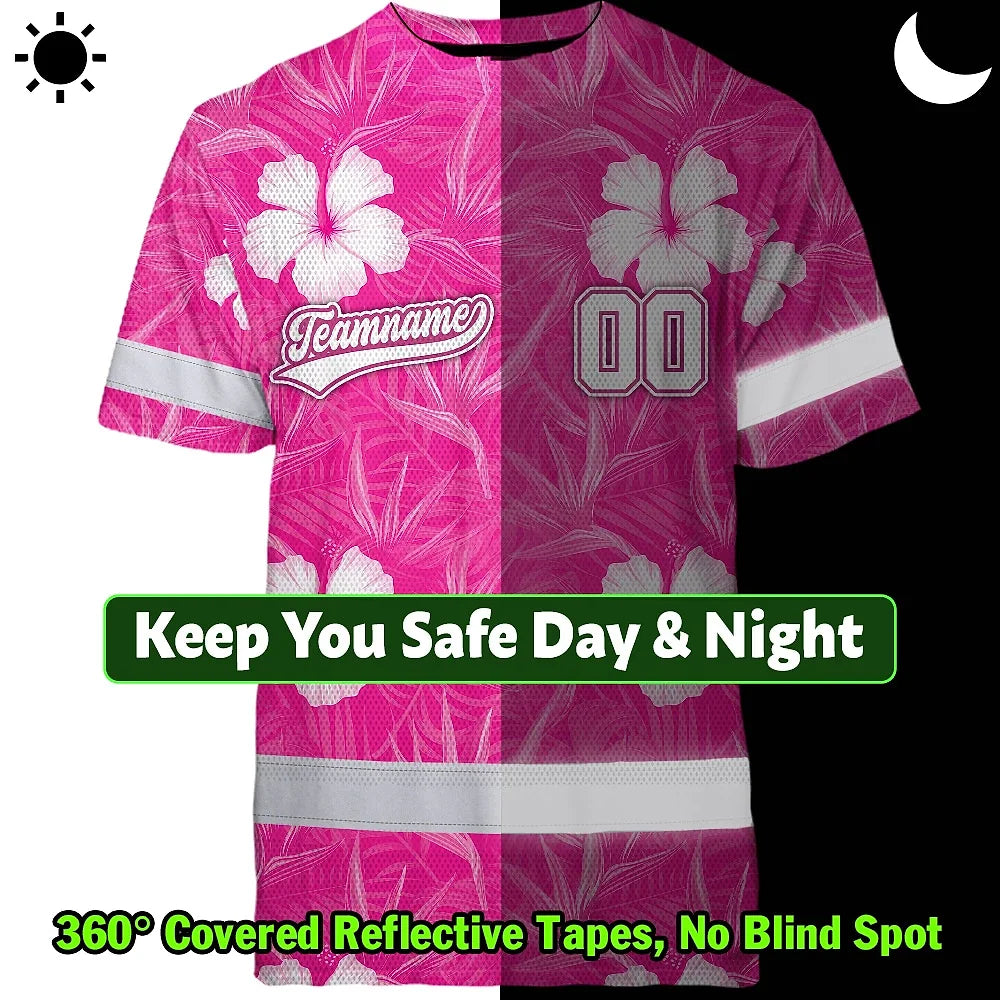 Hi Vis Team T Shirt Reflective Tapes Pink White Flower Custom Name And Number Safety Workwear For Baseball Team Workers, Truckers, Operators